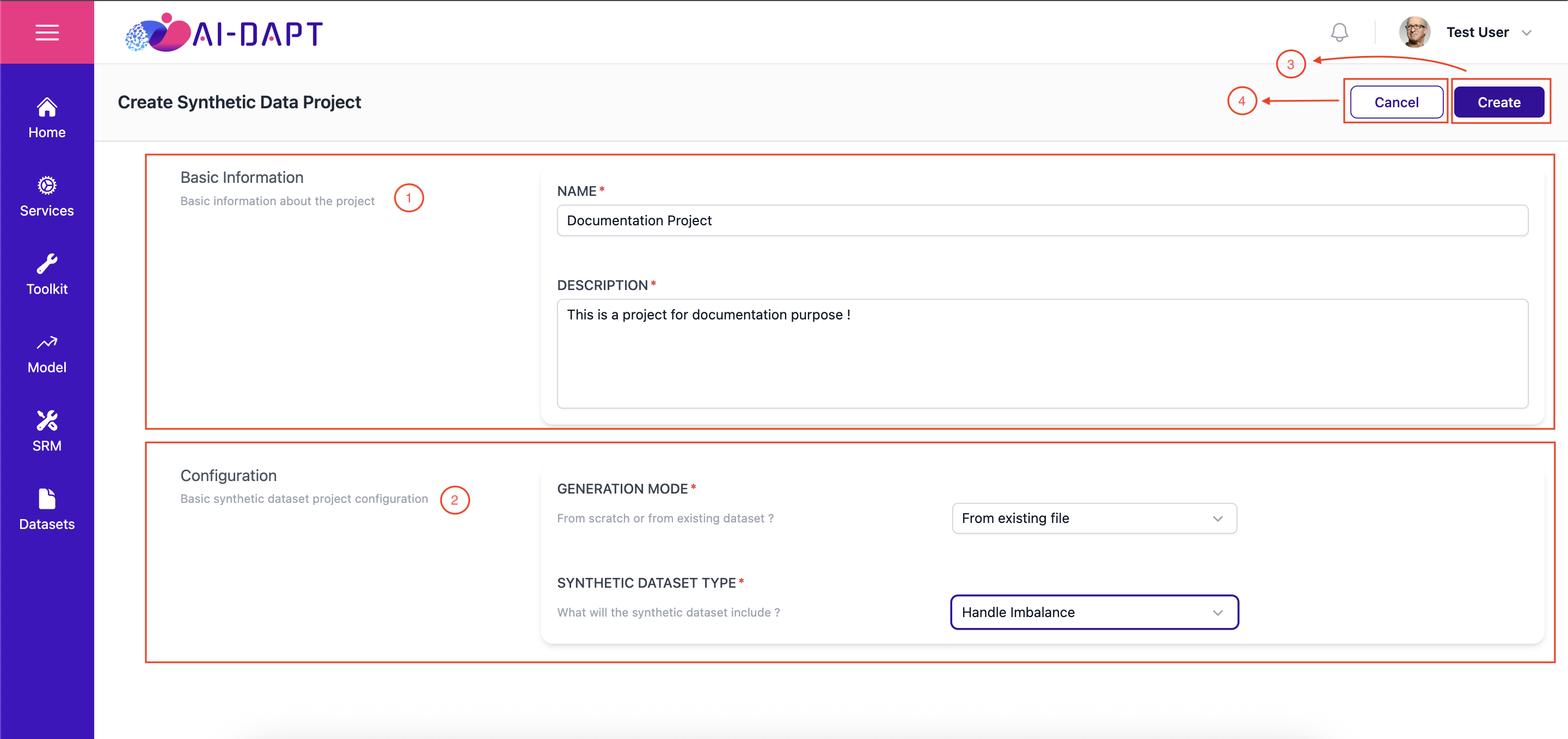Create Synthetic Data Project Interface